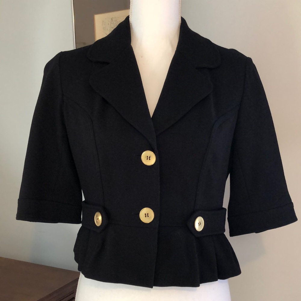 Itw by Claude Brown black cropped 3/4 sleeve jacket, ruffle bottom. Small
